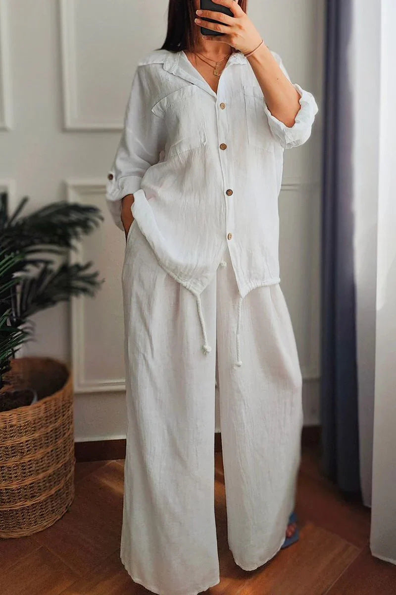 Plus-size Baggy Cotton And Linen High-waisted Suit With Buttons