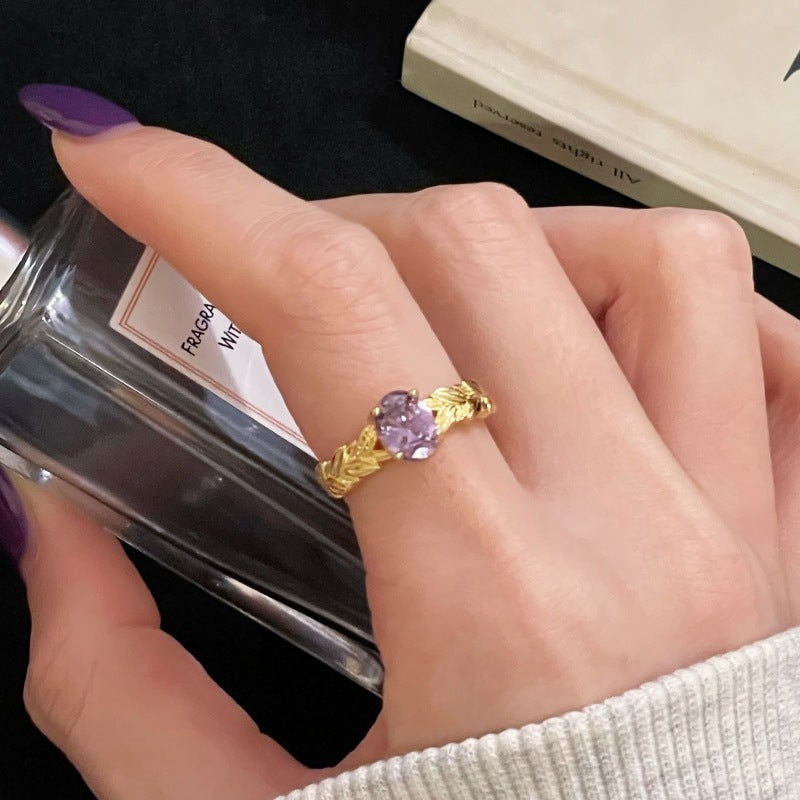 Nine Purple Fire-free Colored Gems Zircon Mid-ancient Brushed Open Ring