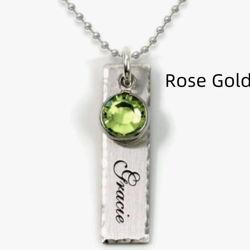 S925 Silver Engraved Long Strip Birthday Flower Necklace With Birthday Stone