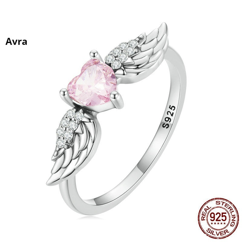 Zircon Simple Sterling Silver S925 Heart Wings Ring