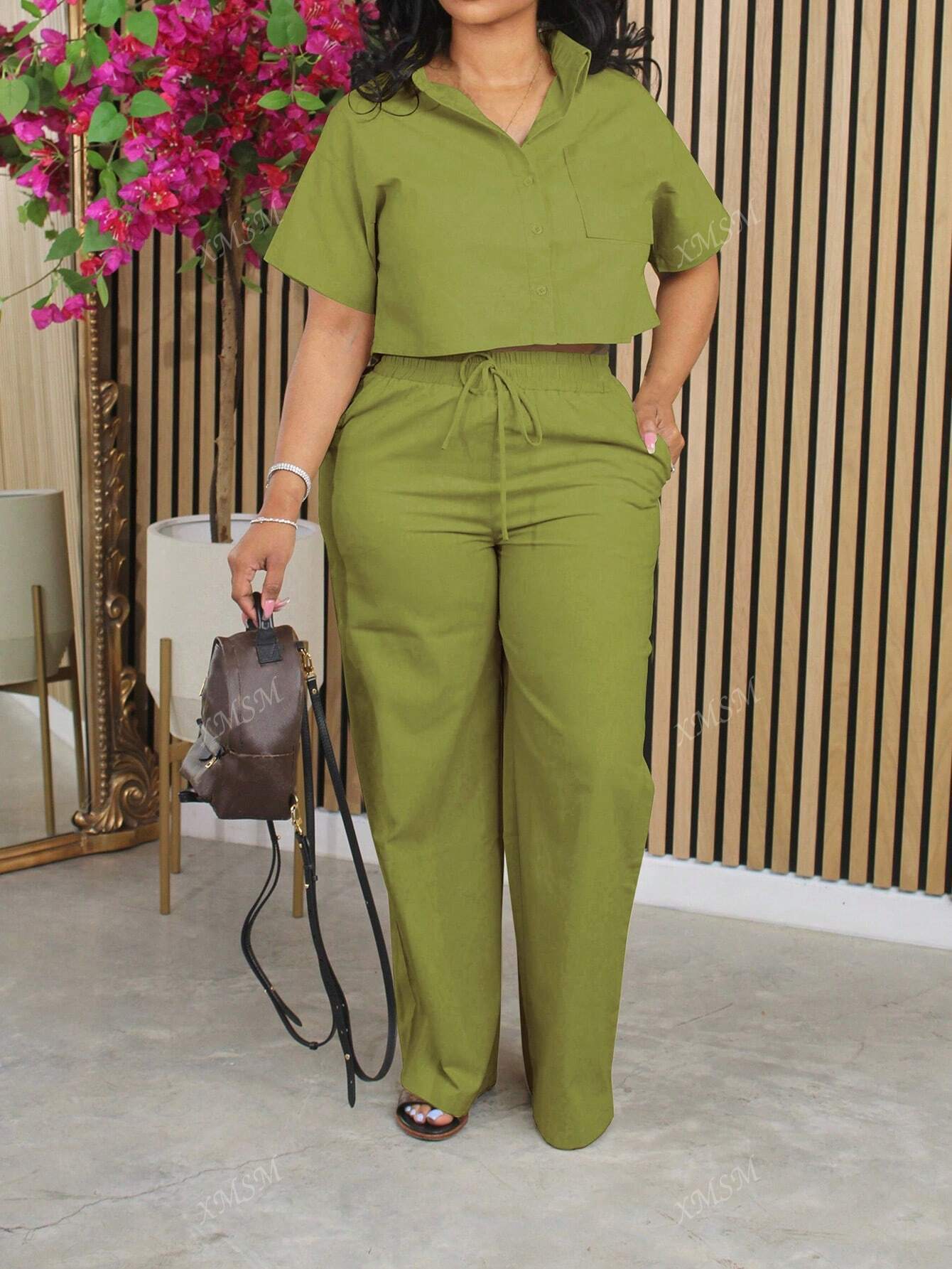 Short Sleeve Shirt Top And Wide-Leg Pants