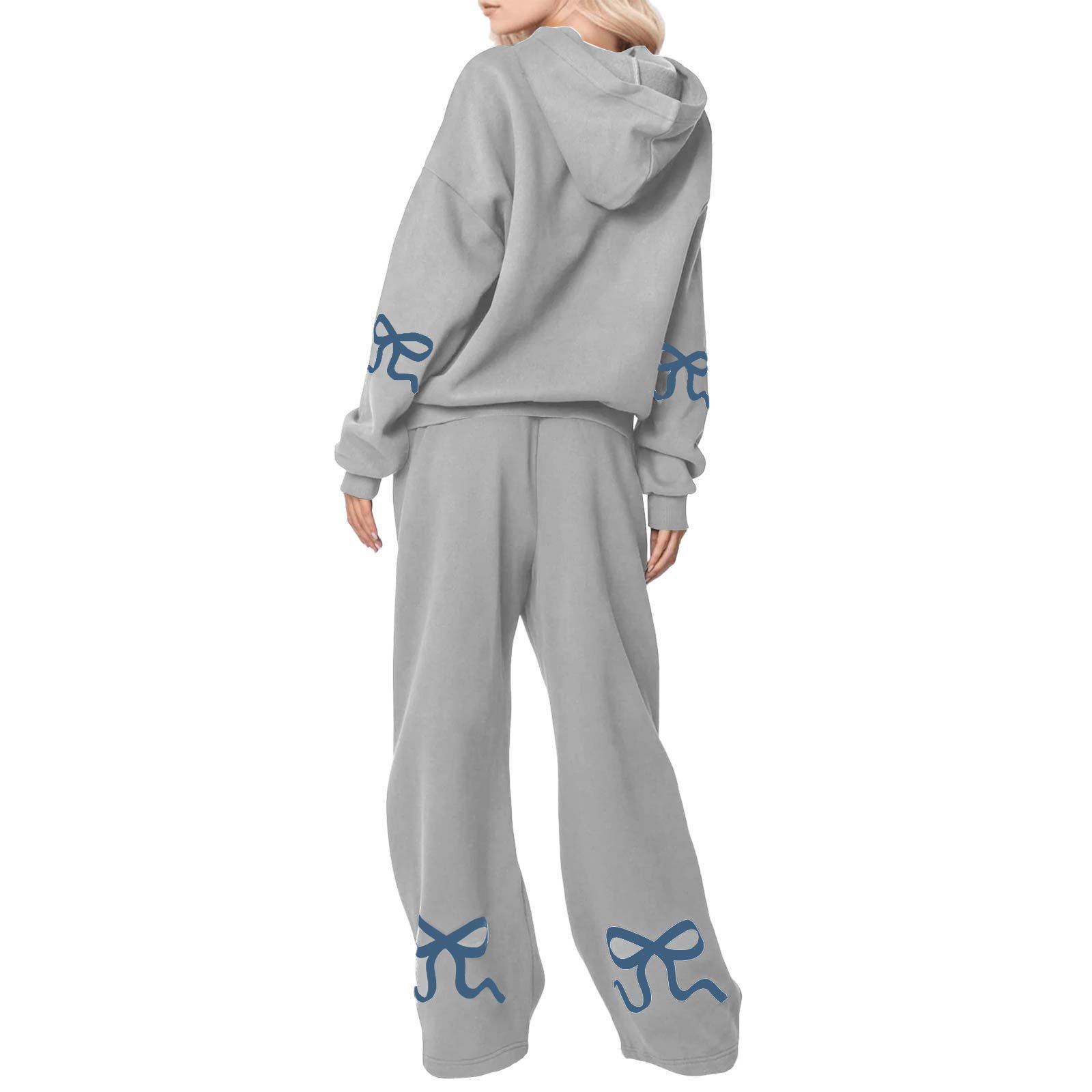 Outdoor Sports Loose Bowknot Printed Women's Casual Sweatshirt Sweatpants Suit