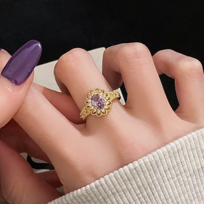 Nine Purple Fire-free Colored Gems Zircon Mid-ancient Brushed Open Ring
