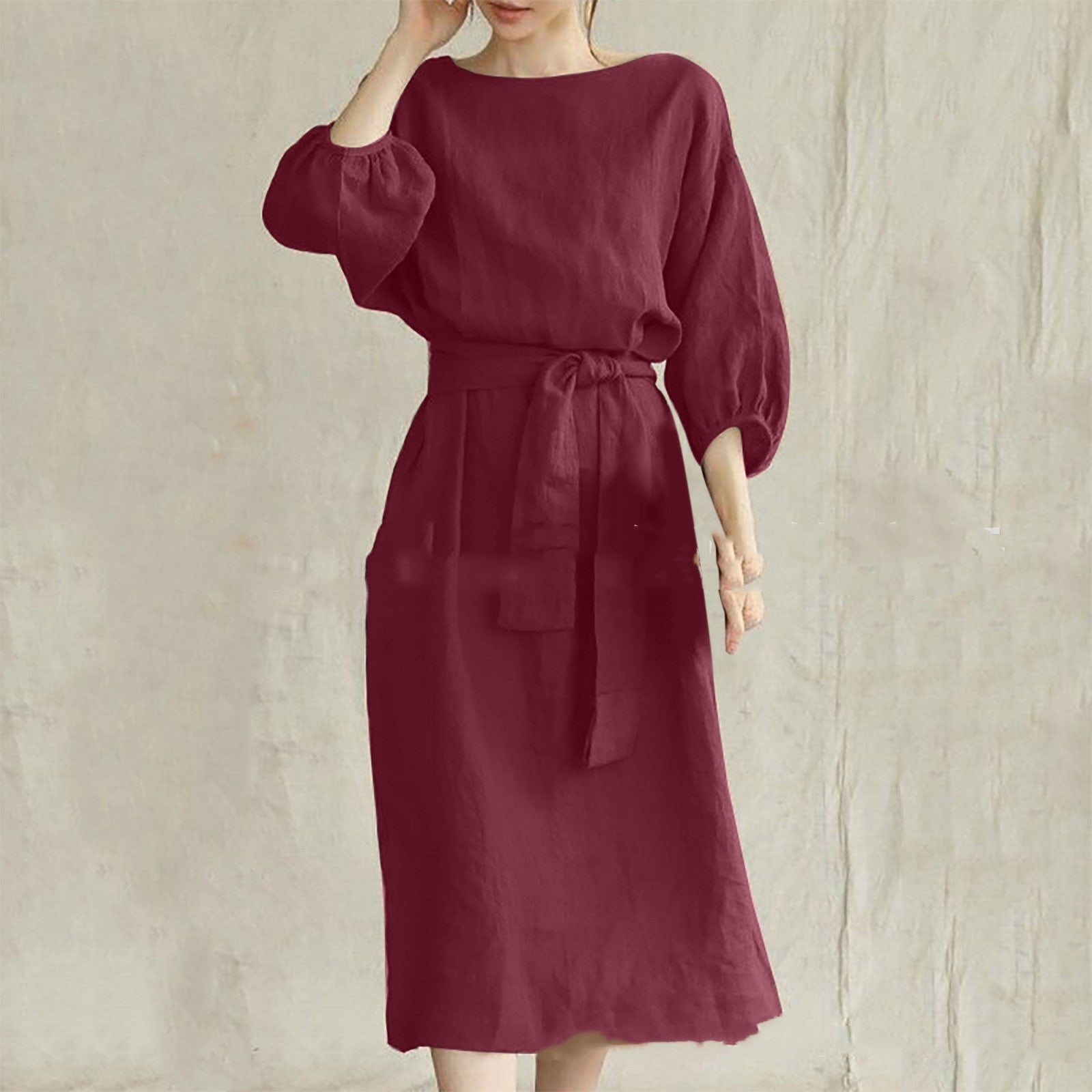 Mid-length High Waist Lace-up Solid Color Round Neck Dress