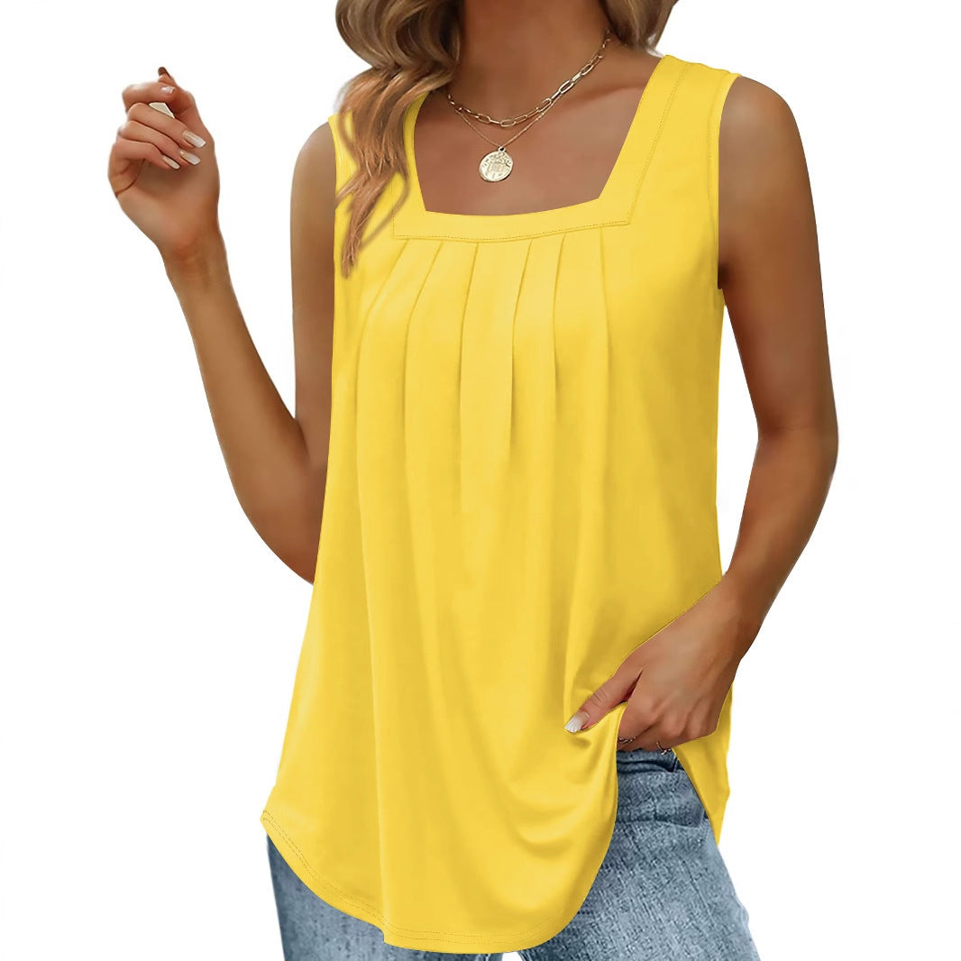 Women's Summer Pleated Square Collar Halter Loose Casual Print Sleeveless Vest