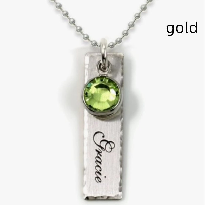 S925 Silver Engraved Long Strip Birthday Flower Necklace With Birthday Stone
