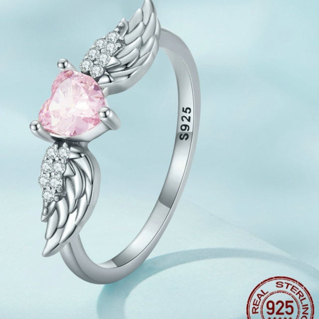 Zircon Simple Sterling Silver S925 Heart Wings Ring