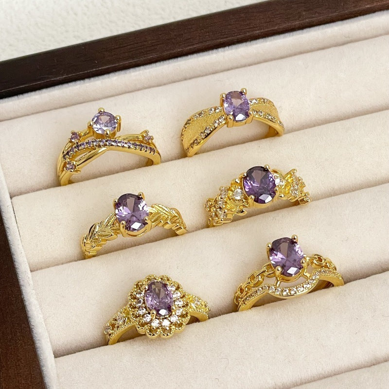 Nine Purple Fire-free Colored Gems Zircon Mid-ancient Brushed Open Ring