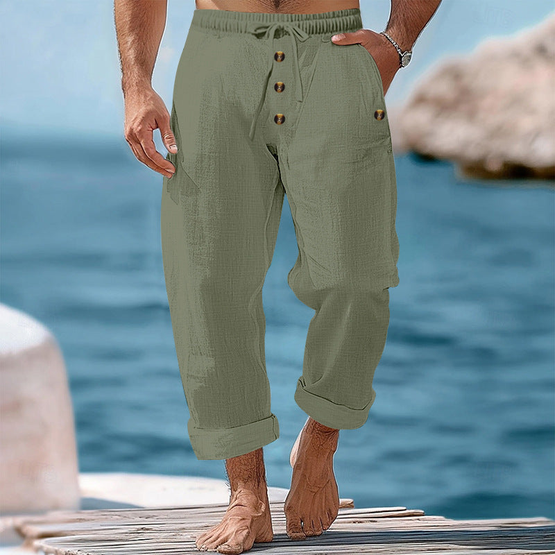 American Beach Pants Solid Color Cotton Linen Loose Drawstring Button Casual Trousers Men