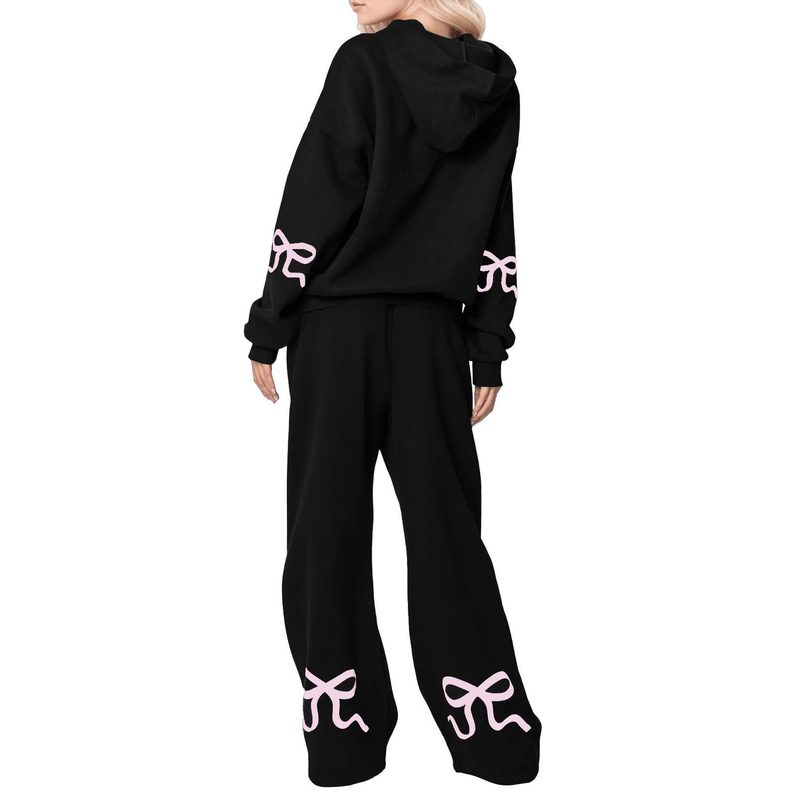 Outdoor Sports Loose Bowknot Printed Women's Casual Sweatshirt Sweatpants Suit
