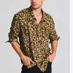 Men's Leopard Print Plus Size Printed Long Sleeve Loose Casual Shirt