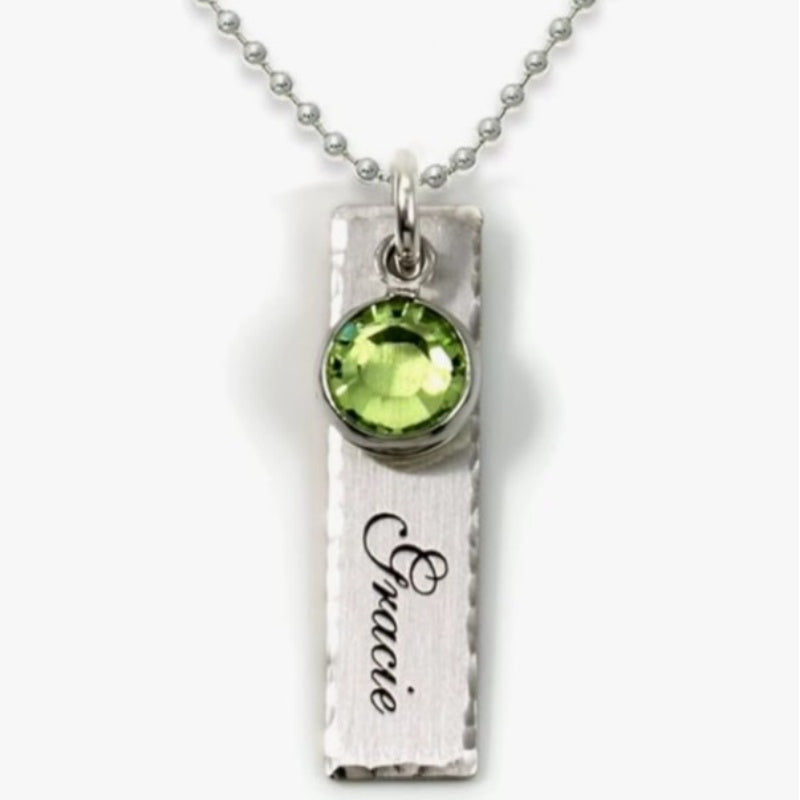 S925 Silver Engraved Long Strip Birthday Flower Necklace With Birthday Stone