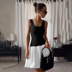 Off-neck Slim-fit Contrast Colors Stitching Pleated Dress