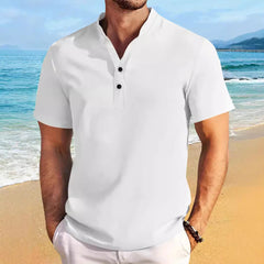 Retro Short Sleeve Stand Collar Casual Henley Shirt Top