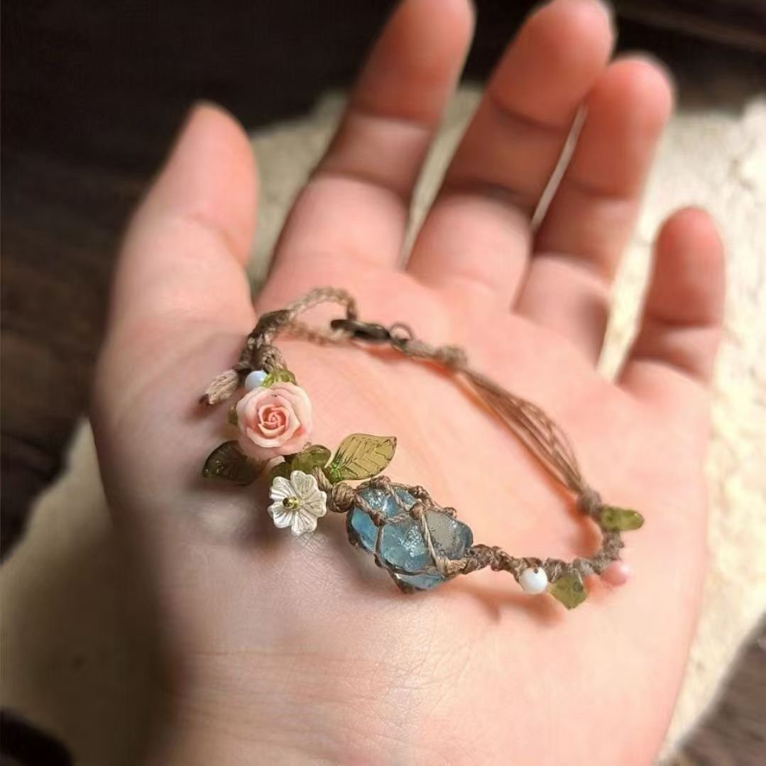 Rose Aquamarine Hand-woven Rough Stone Bracelet