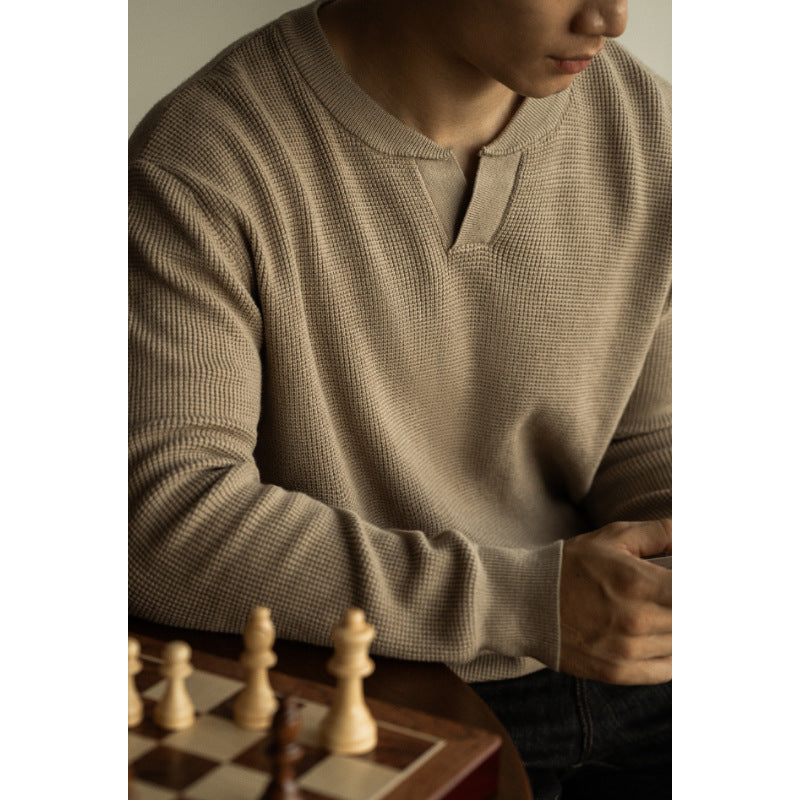 Men's Winter And Autumn Casual V-neck Long Sleeve Sweater Henley Shirt Top