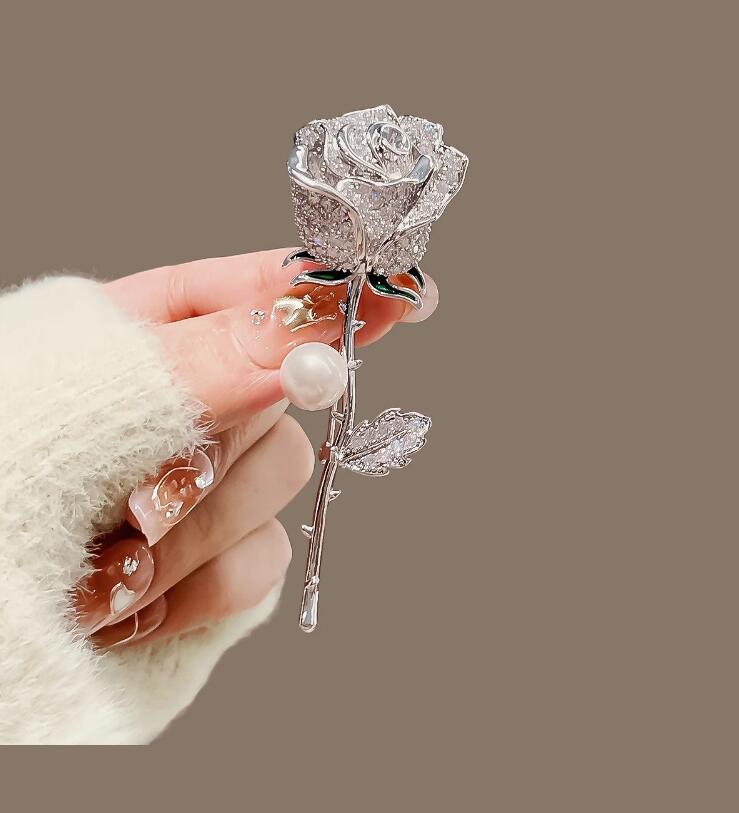 Metal Full Diamond Pearl Rose Brooch High-end And Cute