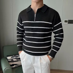 Design Half Zipper Striped Sweater For Men