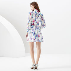 Vacation Style Stand-up Collar Puff Sleeve Wavy Edge Printing Dress