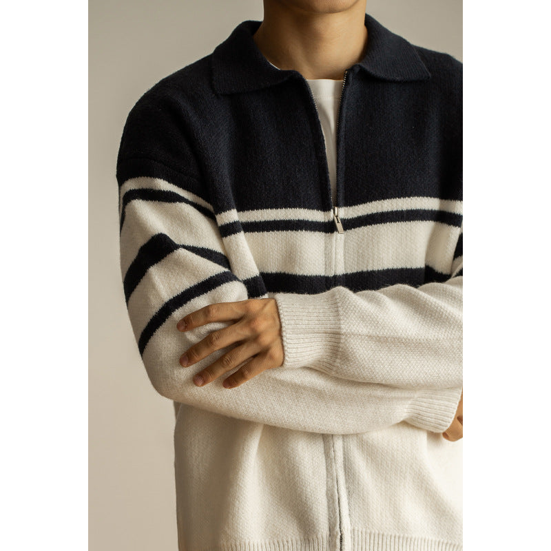 Young Contrast Color Striped Lapel Sweater Men's Casual Zipper