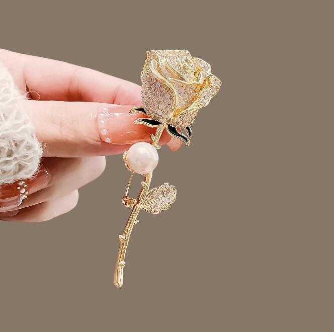 Metal Full Diamond Pearl Rose Brooch High-end And Cute