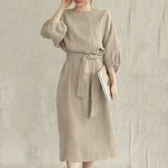 Mid-length High Waist Lace-up Solid Color Round Neck Dress