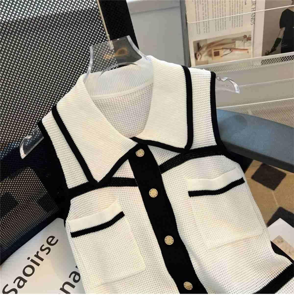 Classic Style Chic Contrast Color Lapels Sleeveless Knitwear