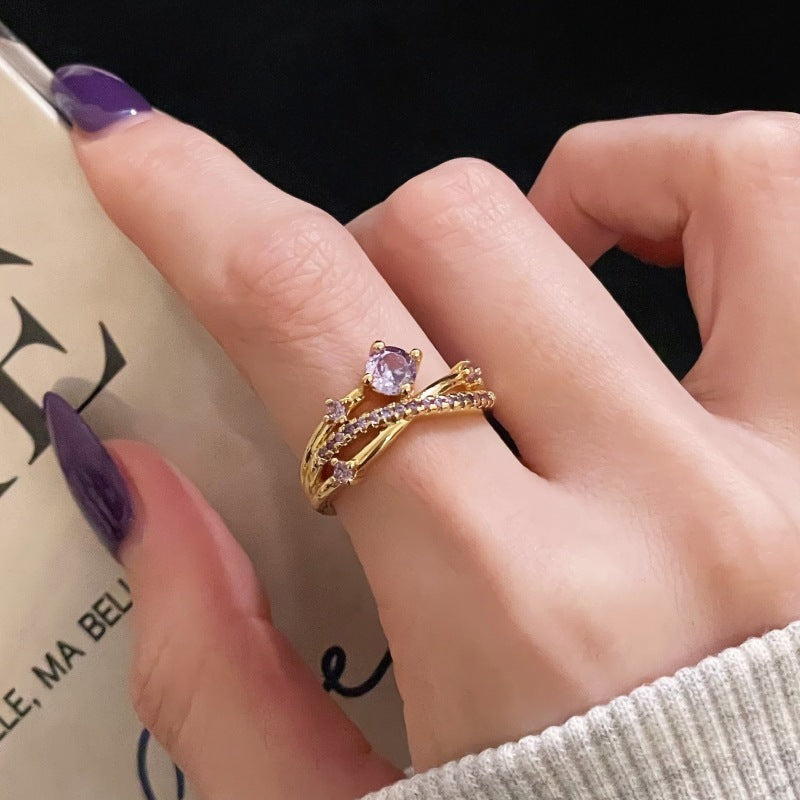 Nine Purple Fire-free Colored Gems Zircon Mid-ancient Brushed Open Ring