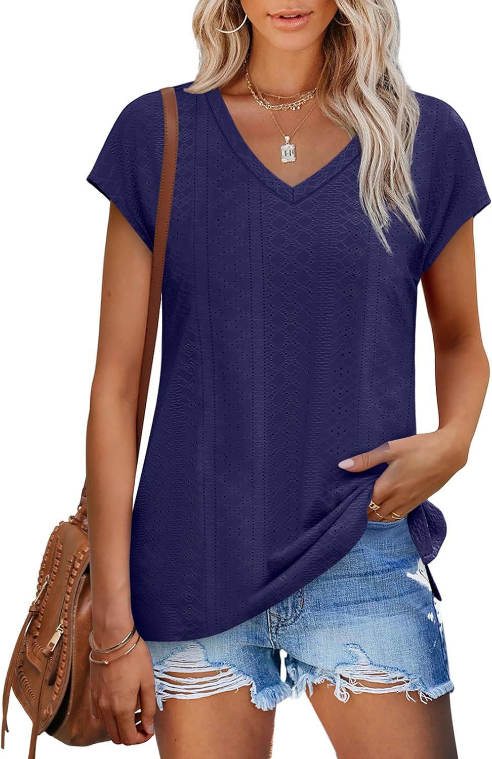 V-neck Slit Loose Sleeve Hollow Jacquard Short Sleeve
