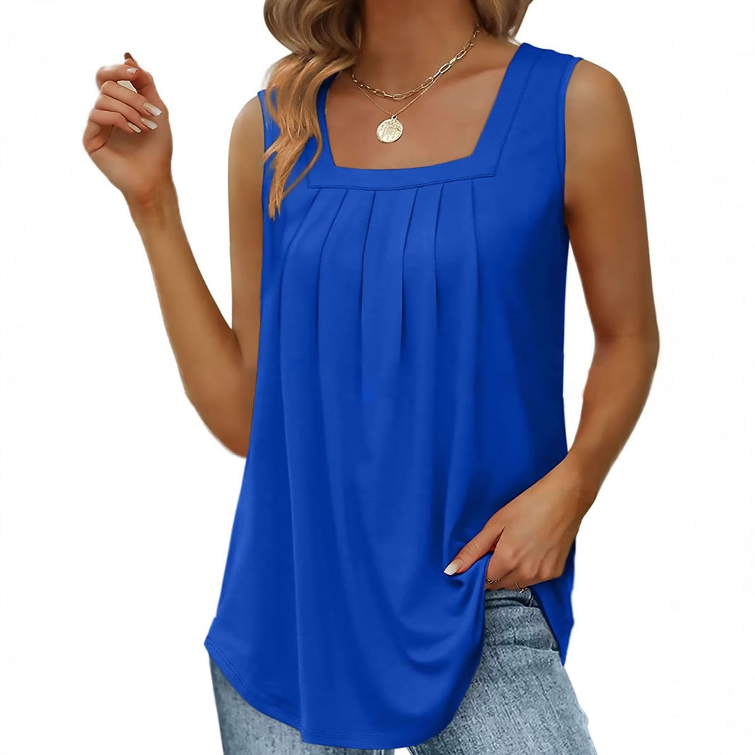 Women's Summer Pleated Square Collar Halter Loose Casual Print Sleeveless Vest
