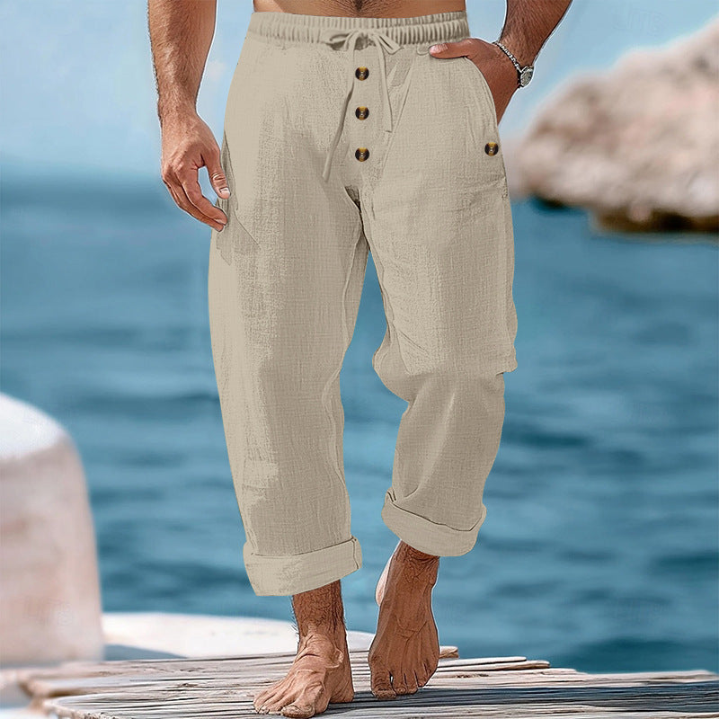 American Beach Pants Solid Color Cotton Linen Loose Drawstring Button Casual Trousers Men