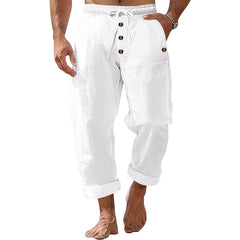 American Beach Pants Solid Color Cotton Linen Loose Drawstring Button Casual Trousers Men