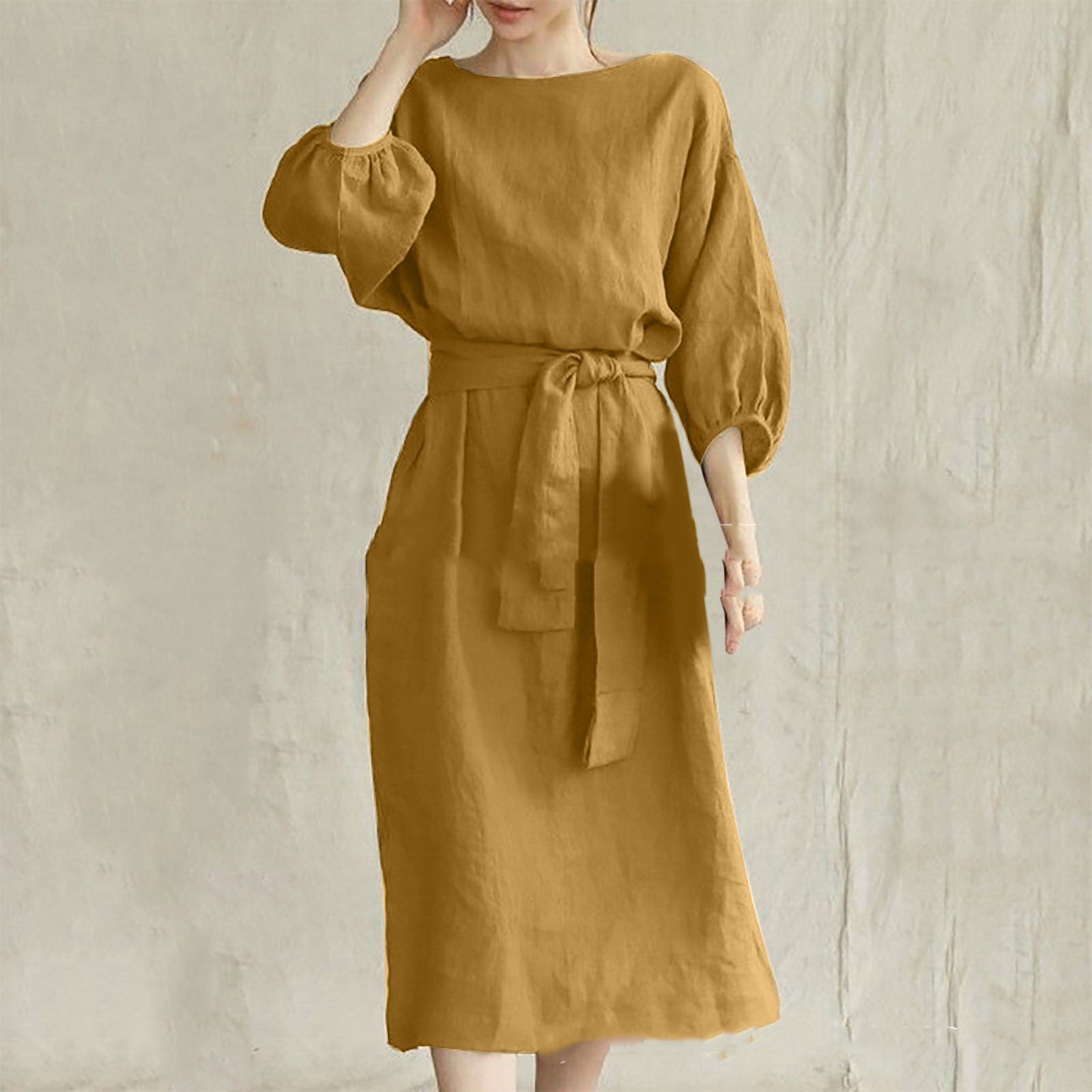 Mid-length High Waist Lace-up Solid Color Round Neck Dress