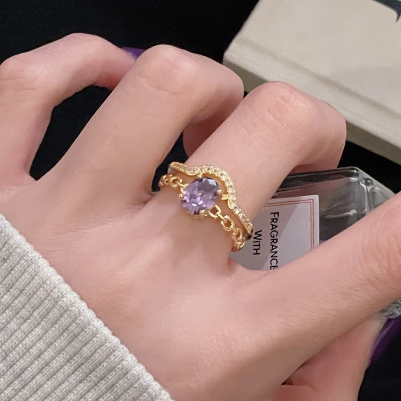 Nine Purple Fire-free Colored Gems Zircon Mid-ancient Brushed Open Ring