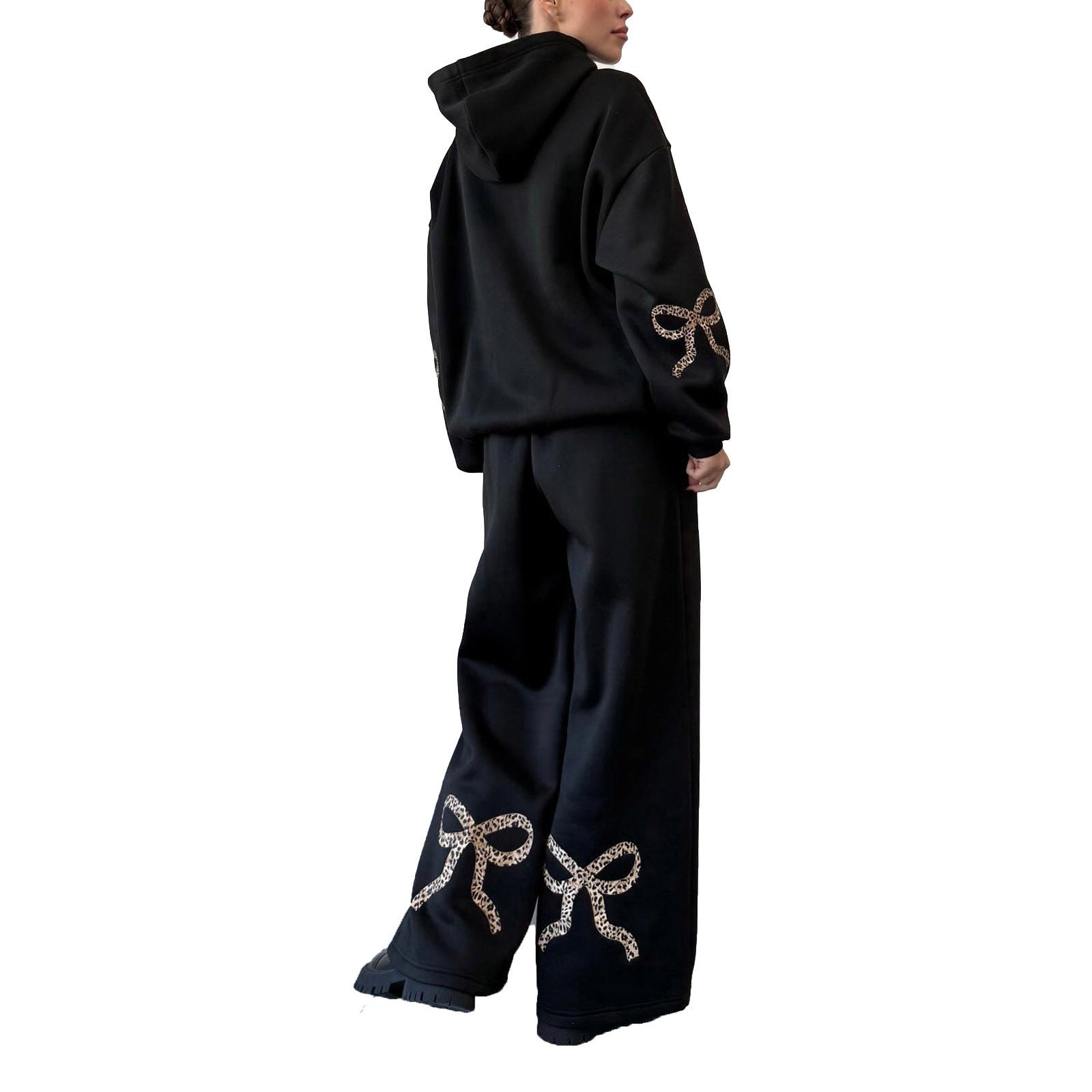 Outdoor Sports Loose Bowknot Printed Women's Casual Sweatshirt Sweatpants Suit