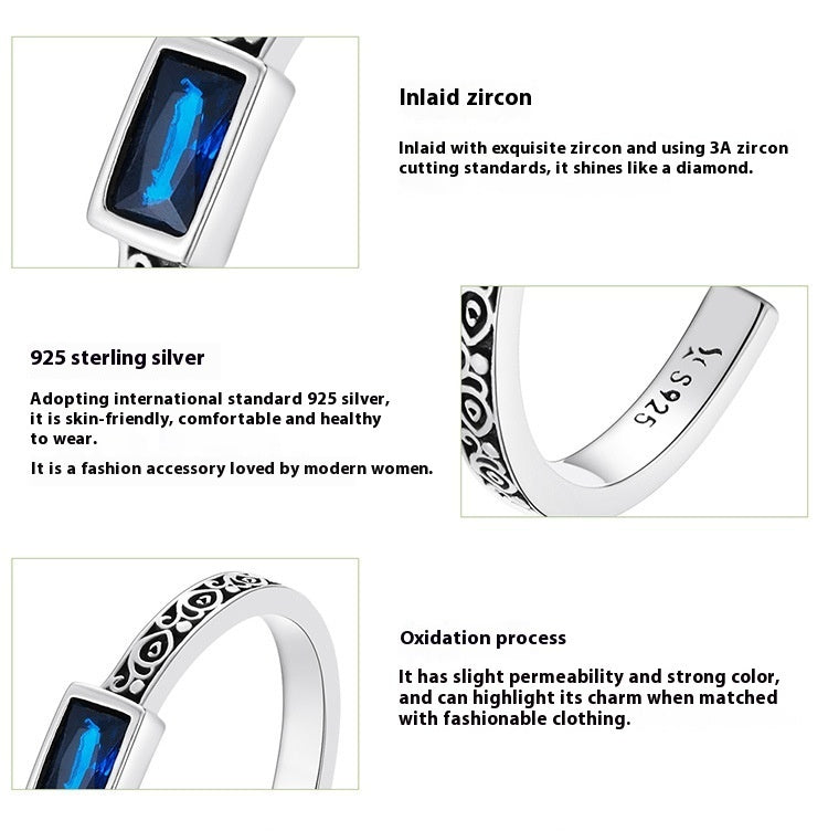 Fashion Sterling Silver Retro Pattern Square Zirconium Open Ring