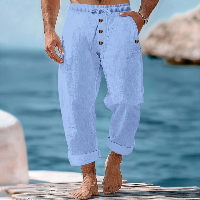 American Beach Pants Solid Color Cotton Linen Loose Drawstring Button Casual Trousers Men