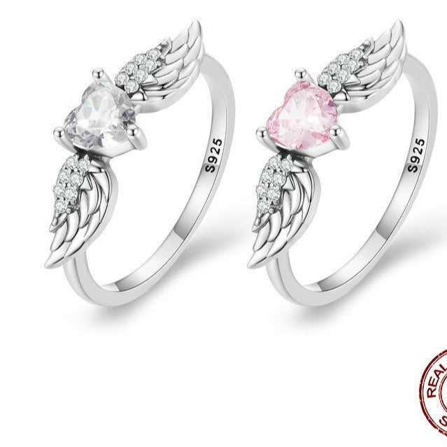 Zircon Simple Sterling Silver S925 Heart Wings Ring