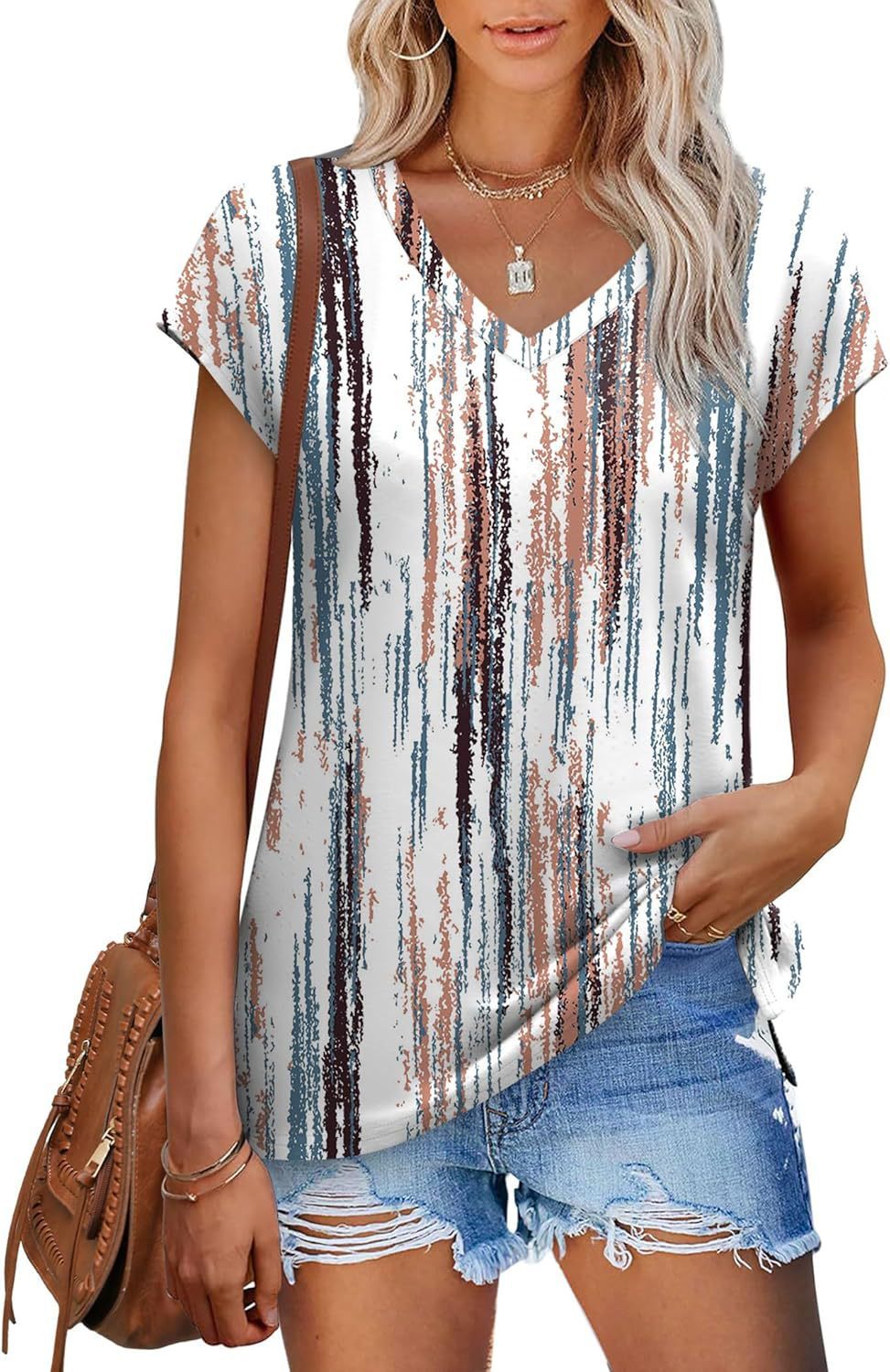 V-neck Slit Loose Sleeve Hollow Jacquard Short Sleeve