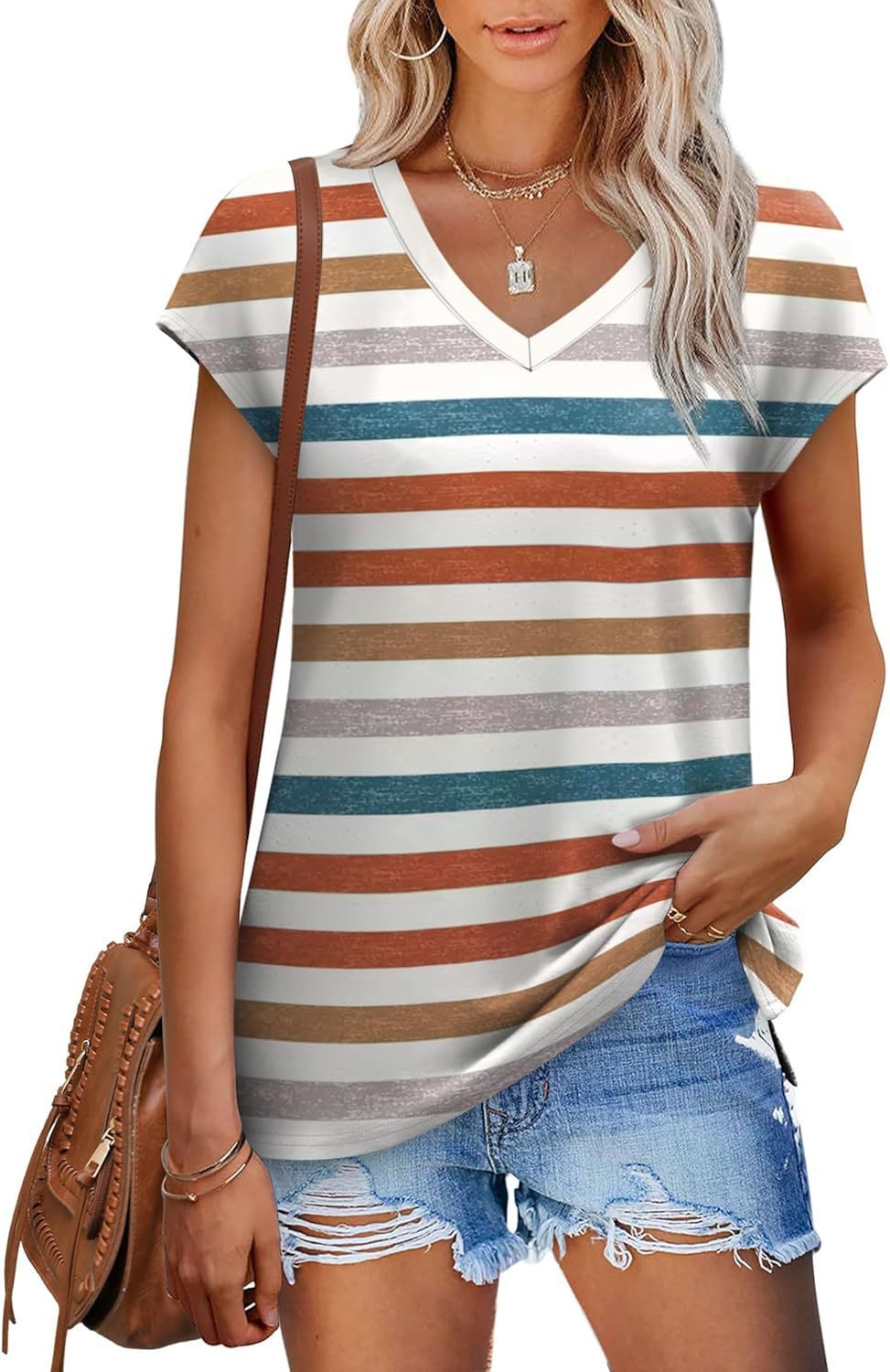 V-neck Slit Loose Sleeve Hollow Jacquard Short Sleeve