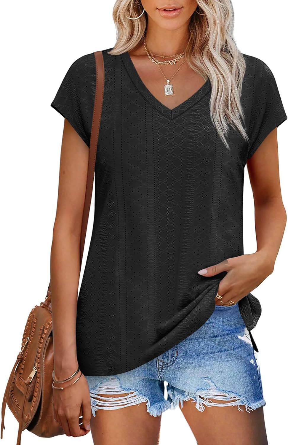 V-neck Slit Loose Sleeve Hollow Jacquard Short Sleeve