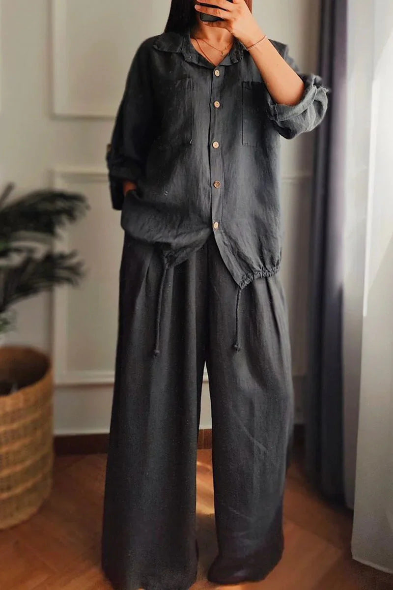 Plus-size Baggy Cotton And Linen High-waisted Suit With Buttons