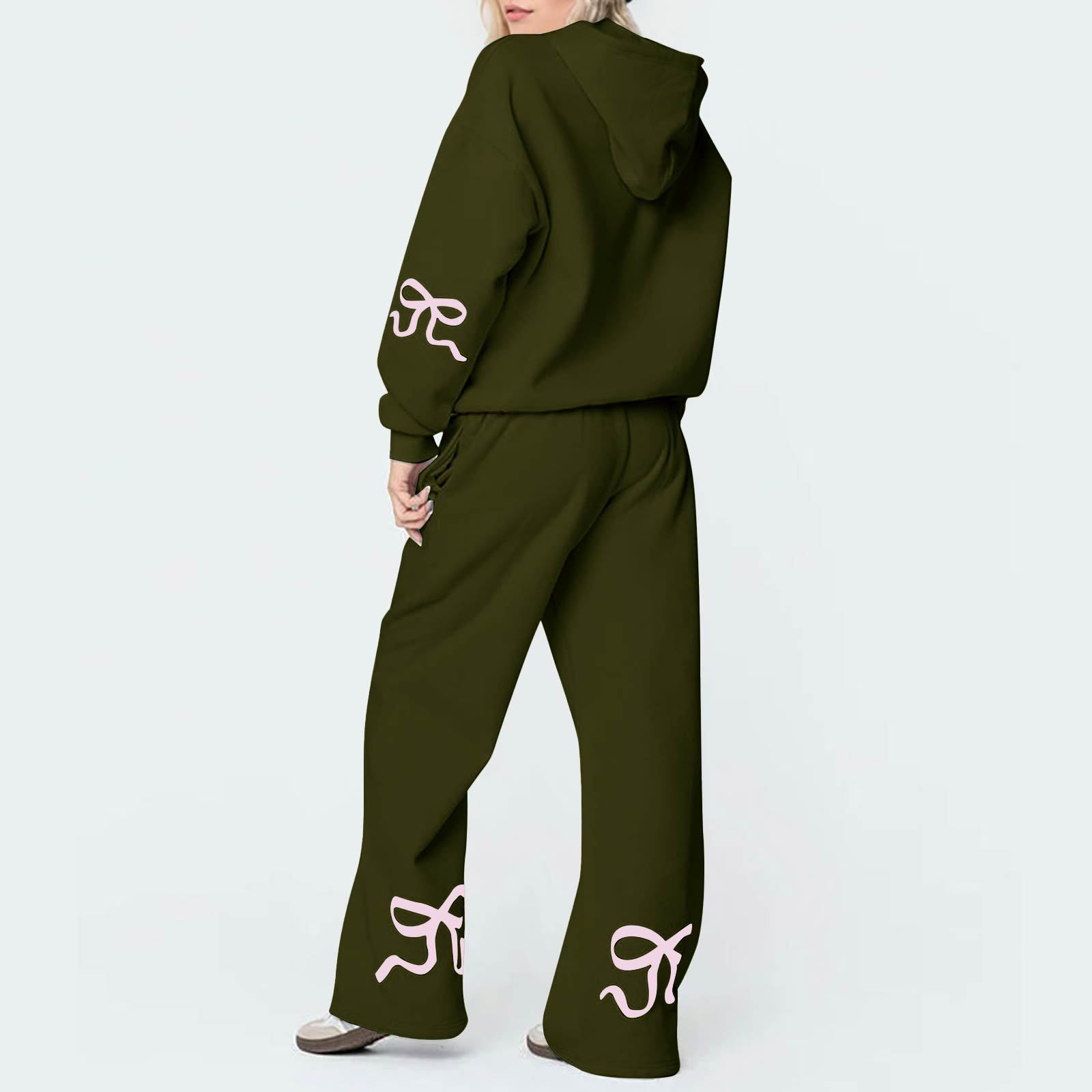 Outdoor Sports Loose Bowknot Printed Women's Casual Sweatshirt Sweatpants Suit